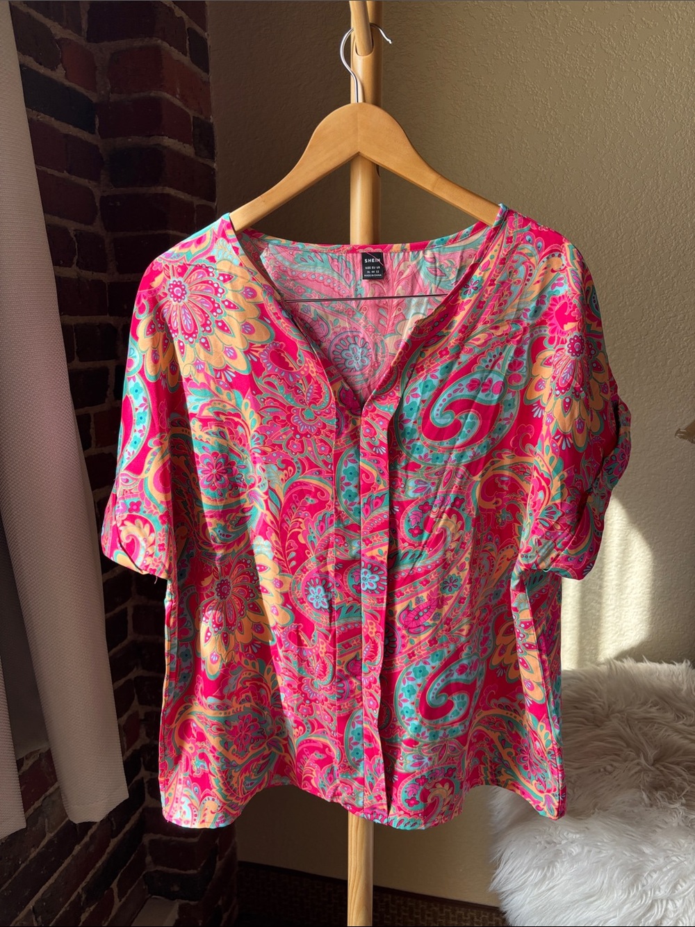 SHEIN Pink Paisley Short-Sleeve Blouse with Turquoise Accents Size XL